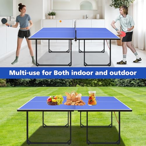 6FT Ping Pong Table Foldable Midsize Table Tennis Table for with Net, Table Tennis Paddles and Balls, MDF Multi-Use Family Game Table Assembly Free for Kid Teenager Adult, Compact & Portable