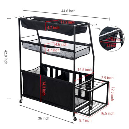 MyGift Garage Sports Equipment Organizer, 3 Tier Metal Ball Storage Bin with Wheels and Mesh Fabric Shelf Baskets, Rolling Gym Equipment Yoga Mat Storage Stand with Ball Toy Bins and 6 Hooks