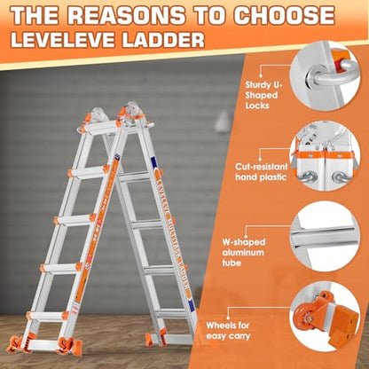 LEVELEVE A Frame 5 Step Ladder, 17FT Extension Ladder with Stabilizer Bar & Wheels,330 lbs Security Load Multi Position Ladder for Stairs Home Indoor Outdoor Roof