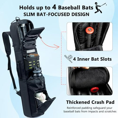 Rolling Baseball Bat Bag with Wheels, Large Capacity Gear Bag Holds 4 Bats, Reinforced Hard Base & Structured Back Panel, Top & Bottom Grab Handles, Shoe & Helmet Compartments for Youth &Adult Players - color: Black - Slim Style - No Wheels