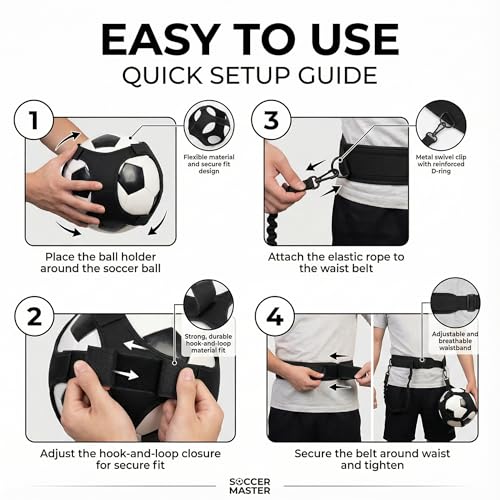 Soccer Training Equipment, Solo Soccer Kick Trainer with Reinforced Connection Points, Anti-Snap Practice Aid with Adjustable Waist Belt, Fits Ball Size 3 4 5, Multi-Sport Trainer for Soccerball