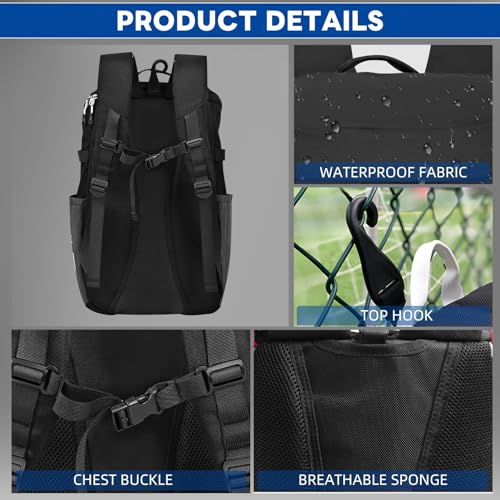 TPAID Baseball Backpack Large Capacity Softball Bag with Shoes Compartment and Fence Hook, Lightweight Baseball Equipment Bag Holds Bats, Helmets, Gloves, Hats, Clothes, Shoes - color: Black-B, size: 2 Bat Baseball