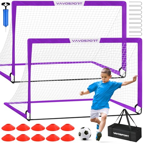 VAVOSPORT Soccer Goal, 2 of 6'x4' Kids Soccer Goals for Backyard Set, Portable Pop Up Soccer Net, Practice Soccer Training Equipment with Ball, Cones for Toddler,Youth Sports Outdoor Games Yard Play - color: Purple