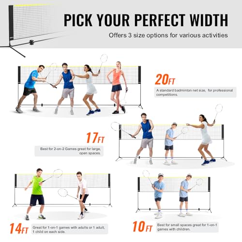 VEVOR Badminton Net, Height Adjustable Volleyball Net, Wide Foldable Pickleball Net, Portable Easy Setup Tennis Net Set with Poles, Stand and Carry Bag, for Kids Backyard Game Indoor Outdoor Use - size: 20 ft