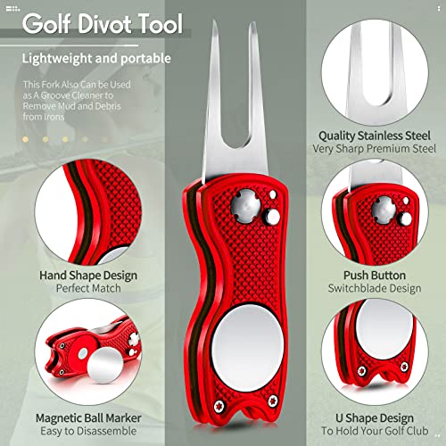 Skylety 4 Pcs Golf Divot Repair Tool Metal Foldable Golf Divot Tool with Magnetic Pop-up Button Ball Marker Stainless Steel Switchblade for Golfers Prizes - color: Red