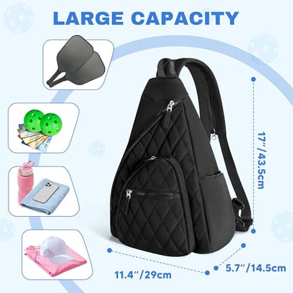 Pickleball Sling Bag for Women and Men, Pickle Ball Paddle Backpack with Fence Hook for Racquetball, Badminton Rackets, Black