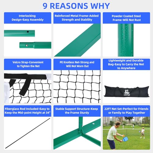 22 FT Pickleball net Portable Outdoor, Pickle Ball net with Metal Frame &Carry Bag, All-Weather Court Pickleball Court for Driveway, Regulation Size 34"/36, Easy Setup