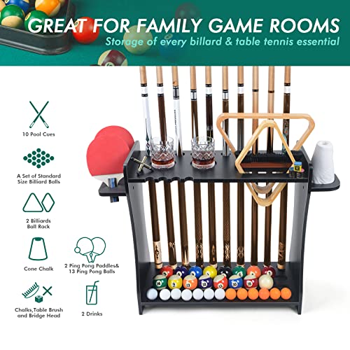XCSOURCE Pool Stick Holder Floor Stand, 2-IN-1 Pool Cue Rack & Ping Pong Paddle Holder, 100% Solid Wood Holds 9 Cues Full Set of Balls, Billiards and Table Tennis Accessories for Man Cave, Game Room