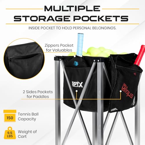 Pickleball Cart | Tennis Ball Hopper | 150 Ball Capacity | Multiple Storage Pockets | Carrying Bag | Lightweight & Portable | Coaching Cart for Practice & Training