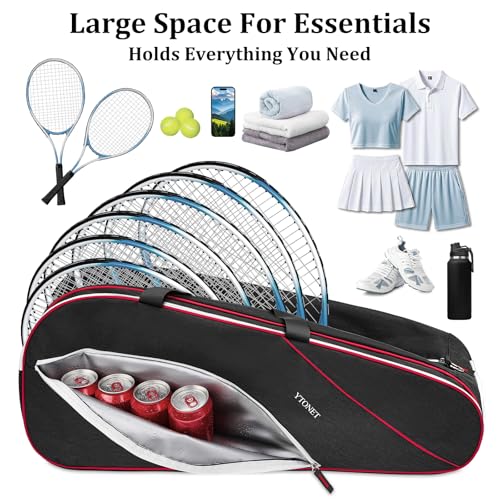 Ytonet Tennis Bag 6 Rackets, Large Tennis Racket Bag for Men Women with Insulated Pocket Shoe Compartment Water Resistant 3-Ways Carry Padded Badminton Cover for Pro/Team/Familiy Training, Black