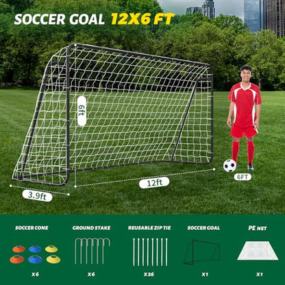NAIZEA Soccer Goals - 24x8/21x7/18x7/12x6/16x7/10x6/8x6/6x4FT Soccer Goals for Backyard Training- Portable Metal Soccer Net for Youth & Adults - Heavy Duty Steel for Indoor Outdoor Games & Practice - size: 12ft x 6ft, style: Starter-Black/Steel