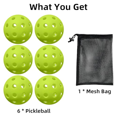 6 Pack Pickleball Balls for Outdoor & Indoor, 40-Holes Practice & Game Pickle Balls with Mesh Bag, High Visibility - color: Green - 6 Pack