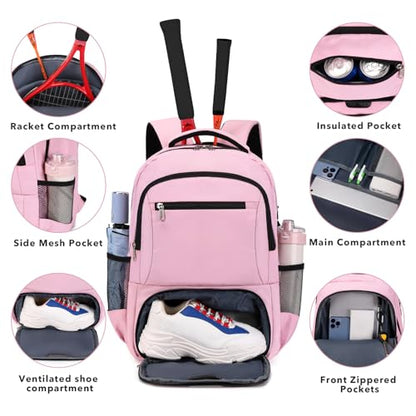 ACESAK Tennis Backpack Tennis Bag for Women Men - Tennis Bag Holds 2 Rackets, Badminton Squash, Pickleball Paddles Balls - color: Pink