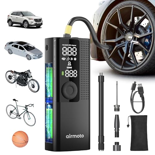 Airmoto Tire Inflator Portable Air Compressor - Air Pump For Car Tires with Digital Pressure Gauge, LED Light and Auto Shut-Off Function - Cordless Pump for Car, Motorcycle, Bicycle, Ball - size: 1-Pack