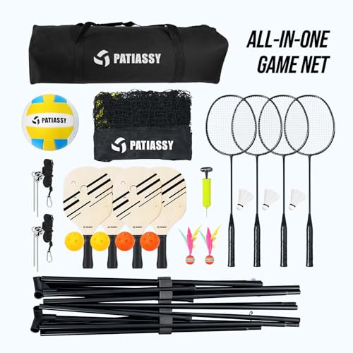 Volleyball Badminton Pickleball 3-in-1 Combo Net Set, 5.1-7.4ft Adjustable Height Sports Nets for Backyards, Portable 17ft Outdoor Net with Carry Bag, Rackets and Balls