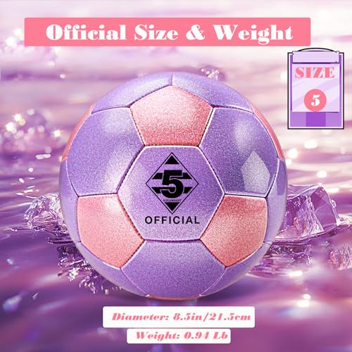 Glitter Pink Purple Soccer Ball Size 3 4 5 with Pump & Needle/Mesh Bag, Sofu PU Soccer Ball Kit for Indoor Outdoor Practicing Training Playing Gift Teens Youth Adults (Pink&Purple) (Size 5)