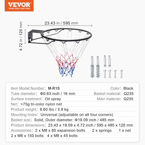 VEVOR Basketball Hoop, 44 54 Inchs PC Backboard Wall Mounted, Basketball Portable Hoop & Goal, Indoor & Outdoor with Hand-Crank Adjustment, Classic Basketball Court, Teens, Adults, Schools, Parks
