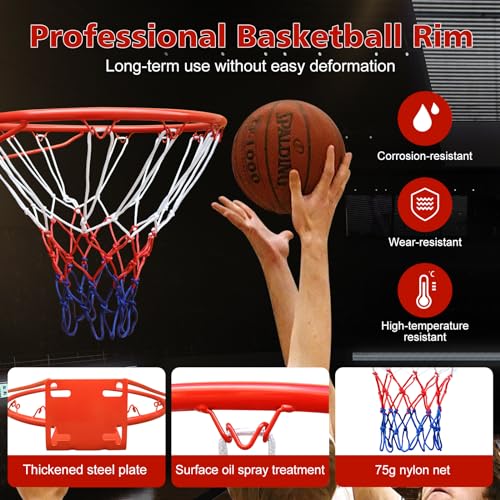 18" Basketball Rim Replacement, Wall Door Mounted Basketball Rim, Heavy Duty Basketball Flex Rim Goal Replacement with Net Fits In-Ground & Wall-Mounted Basketball Hoops, Indoor/Outdoor - color: Red