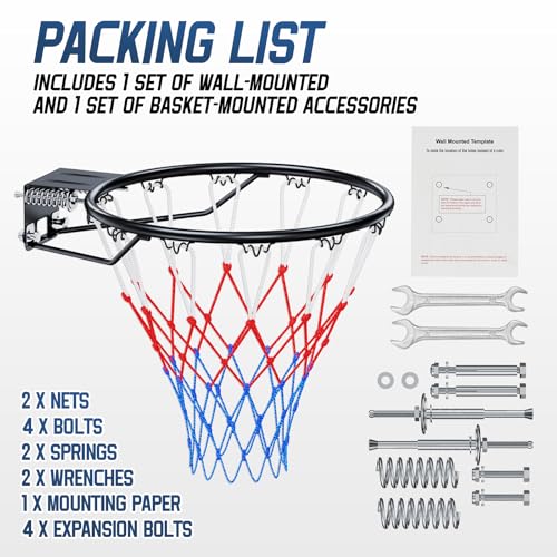 Basketball Rim, 18" Replacement Wall Mounted Outdoor Basketball Hoop, Heavy Duty Solid Steel, Double Spring Basketball Hoop Rim with All Weather Net for Indoor and Outdoor Hanging