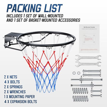 Basketball Rim, 18" Replacement Wall Mounted Outdoor Basketball Hoop, Heavy Duty Solid Steel, Double Spring Basketball Hoop Rim with All Weather Net for Indoor and Outdoor Hanging