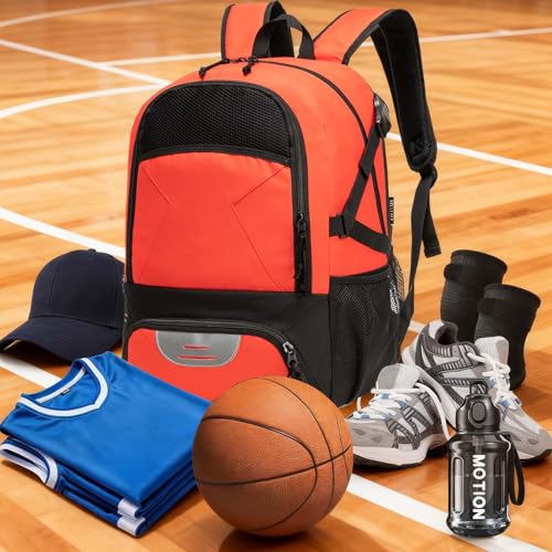 Basketball Backpack - Large Sports Equipment Bag with Ball Holder & Shoe Compartment for Basketball. (red) - color: Red