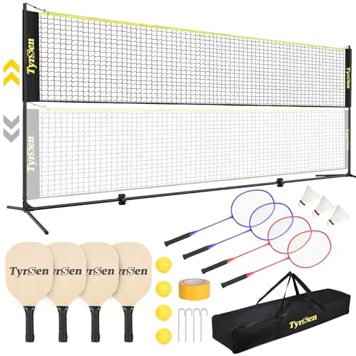 Portable Pickleball Badminton Net Set, 17FT Adjustable Heights All-in-One Net w/4 Pickleball Paddles 4 Badminton Rackets, Freestanding Pickleball Badminton Net for Backyard Driveway - style: Wood Pickleball Paddles