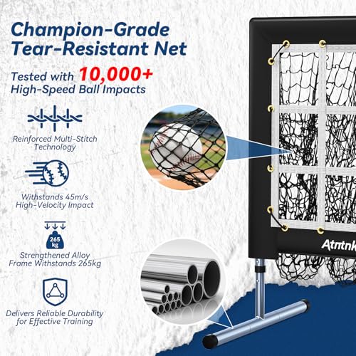 9 Hole Pitching Net with Strike Zone, Heavy-Duty Baseball & Softball Training Equipment for Pitching and Hitting, 5 Height Adjustable 9 Pocket Target, Portable Practice Equipment for All Ages