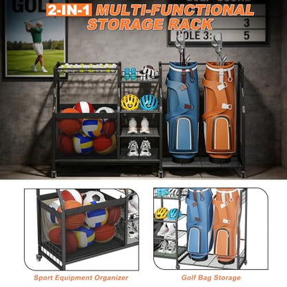 Ultrawall Golf Bag Storage Rack Organizer, Golf Bag Holder Stand for Garage, Golf Equipment Rack - size: 63.5in-Holds 2 Golf Bags & Ball