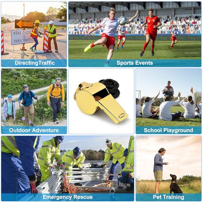 iDIGMALL Gold Whistle with Lanyard, Loud Crisp Sound Stainless Steel Sports Whistle, Durable Metal Whistle Referee Coach Whistles for Football Basketball Soccer School Lifeguard Emergency, Pack of 2