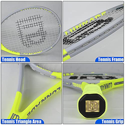 Adults Tennis Racket 2 Pack, Durable 27 Inch Coupled Tennis Racquet Light-Weight, Pre-Strung and Regrip, Suitable for Beginners to Intermediate Players - color: Yellow+Gray