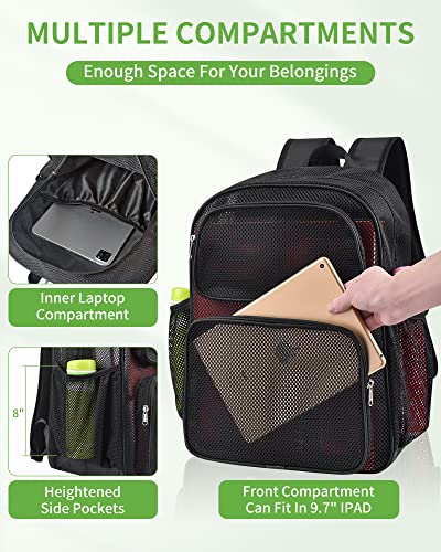 MAY TREE Mesh Backpack Heavy Duty Big Mesh Bag Large Capacity for Travel Beach Hiking Outdoor Sports with Paded Strap, Black - color: Black