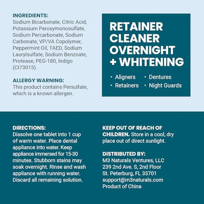Overnight + Whitening Retainer Cleaner, Remove Stains, Discoloration, and Plaque | 4 Month Supply | Denture Cleanser with Whitening Boost,120 Tablets by M3 Naturals (Pack of 2) - size: Overnight Whitening (120 Count) (Pack of 2)