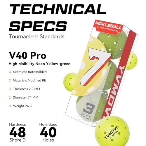 YVMOVE V40Pro Outdoor Pickleball Balls - Seamless Rotational Molding for Crack Resistance - USAPA Standard Bounce&Flight - Neon Green 40-Hole Pickleballs for Tournaments/Family Games (3-Pack/12-Pack) - color: 3 Pack - Neon Yellow