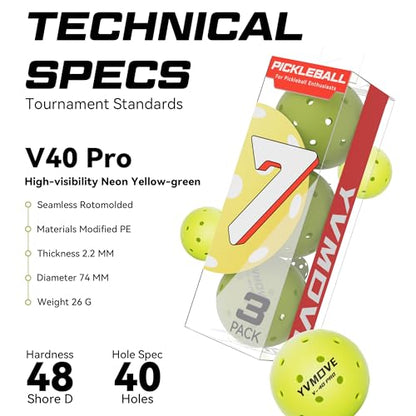 YVMOVE V40Pro Outdoor Pickleball Balls - Seamless Rotational Molding for Crack Resistance - USAPA Standard Bounce&Flight - Neon Green 40-Hole Pickleballs for Tournaments/Family Games (3-Pack/12-Pack) - color: 3 Pack - Neon Yellow