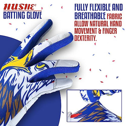 Hushe' American Flag Batting Gloves & Softball Gloves USA Flag Baseball Batting Gloves Youth Kids Baseball Batting Glove for Youth Men Adult & Unisex. - color: White Eagle, size: Youth Large