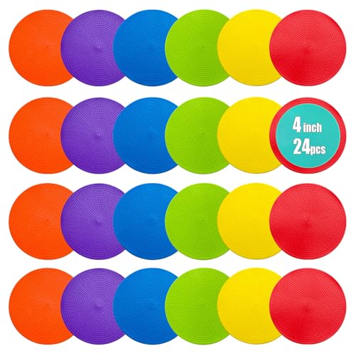 Spot Markers 4 Inch 9 Inch Non Slip Rubber Floor Markers Flat Field Cones Poly Dots for Soccer Basketball Sports Speed Agility Training and Drills - style: 4inch 24pcs 6colors