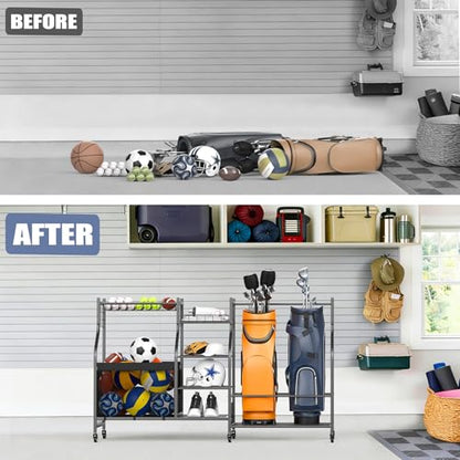 WALMANN Golf Bag Storage Rack with Wheels, Rolling Sports Equipment Organizer, Large Capacity Garage Storage Cart for Balls, Golf Bags