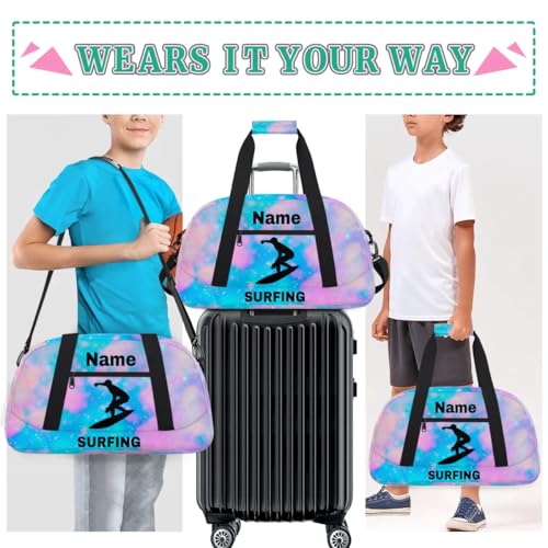 Custom Sport Duffel Bag Surfing Personalized Name Sports Bag Overnight Weekender Bag Waterproof Travel Sport Gym Bags, Blue Pink Glitter - color: Blue Pink, style: Surfing