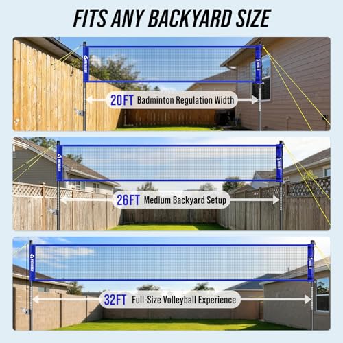 Outdoor Volleyball Net System for Backyard, Adjustable Height (5.1–8FT) & Width (20–32FT), Anti-Sag Tension System, 2-in-1 Badminton Combo Set with Carry Bag, Rackets & Shuttlecocks - color: Blue