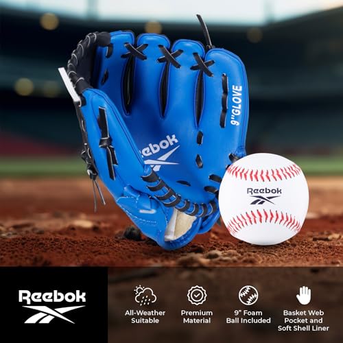 Reebok - Youth Baseball Glove Set, 9-Inch Kids Sports Glove with Foam Ball, Training Mitt for Beginners, Practice & Backyard Play - color: Blue
