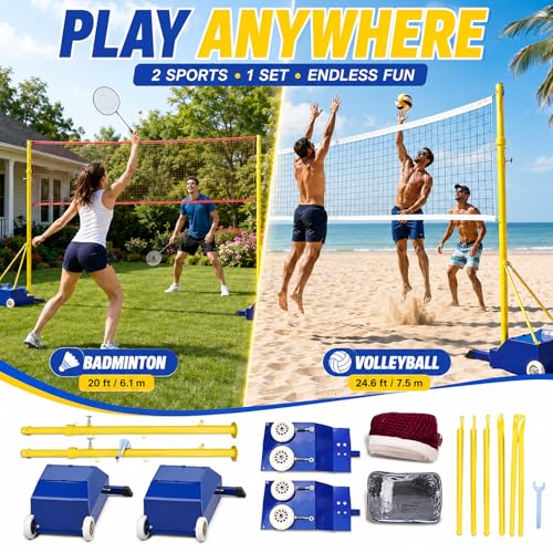 Volleyball Badminton Combo Net Set, Height Adjustable, Portable Outdoor Sports Net with Rolling Fillable Base, Steel Poles for Backyard Lawn Beach Gym