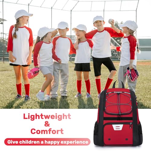 KAVIGOR Youth Baseball Bag, Softball Bag for Girls & Boys, Kids Tball Backpack with Shoes Compartment - color: Red