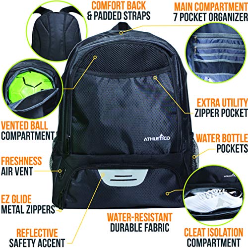 Athletico Youth Soccer Bag - Soccer Backpack & Bags for Basketball, Volleyball & Football | Includes Separate Cleat and Ball Compartment - color: Black