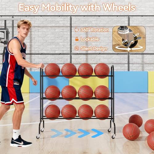 Basketball Rack 3 Tier, Rolling Sport Equipment Holder Ball Storage Cart for Basketball, Football and Soccer, Suitable for Indoor and Outdoor, Black