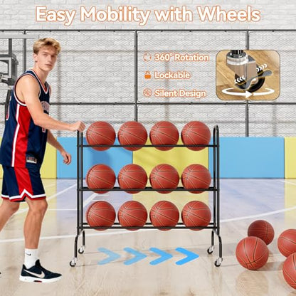 Basketball Rack 3 Tier, Rolling Sport Equipment Holder Ball Storage Cart for Basketball, Football and Soccer, Suitable for Indoor and Outdoor, Black