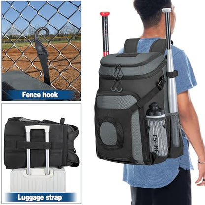 Smasrob Baseball Bag for Adult and Youth, Baseball Backpack Softball Bag with Helmet Holder, Shoe Compartment and Fence Hook - color: Gray