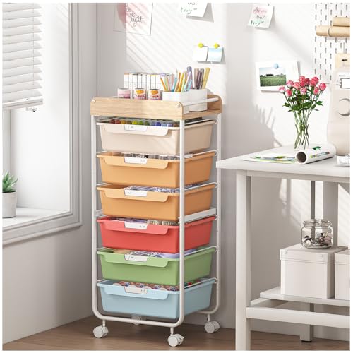 SYKIARIOL Rolling Cart with 6 Drawers,Utility Storage Cart with Drawers,Art Craft Organizers and Storage,Makeup Organizer with Wooden Tabletop,Rainbow