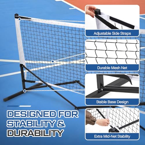 Retractable Dinkball Net with Wheel 22ft Regularion Size Tournament-Grade Portable Dinkball Net Indoor Outdoor with Heavy Duty Metal Frame Carry Bag for Driveway Backyards Garage, Free Assembly