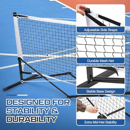 Retractable Dinkball Net with Wheel 22ft Regularion Size Tournament-Grade Portable Dinkball Net Indoor Outdoor with Heavy Duty Metal Frame Carry Bag for Driveway Backyards Garage, Free Assembly