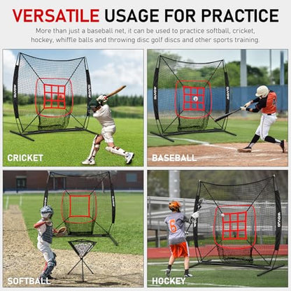 7x7 ft Baseball Net for Batting Pitching Hitting, Softball Pitching Net with Strike Zone, Tee, Ball Caddy, Softball Batting Net Baseball Training Equipment for Kids Adult Youth Sport Practice - color: Black